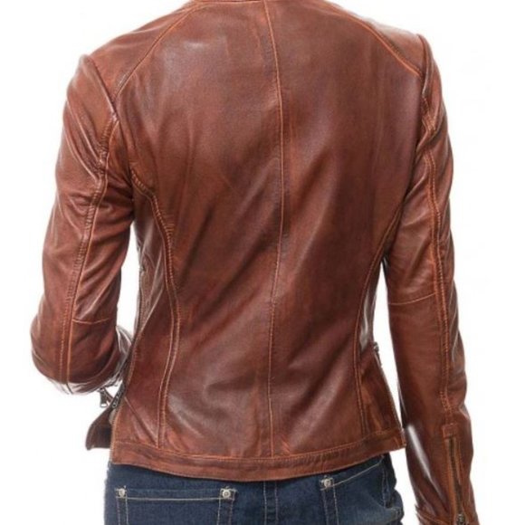 Ladies Tan Genuine Leather Biker Jacket - New with tags! - Picture 3 of 3